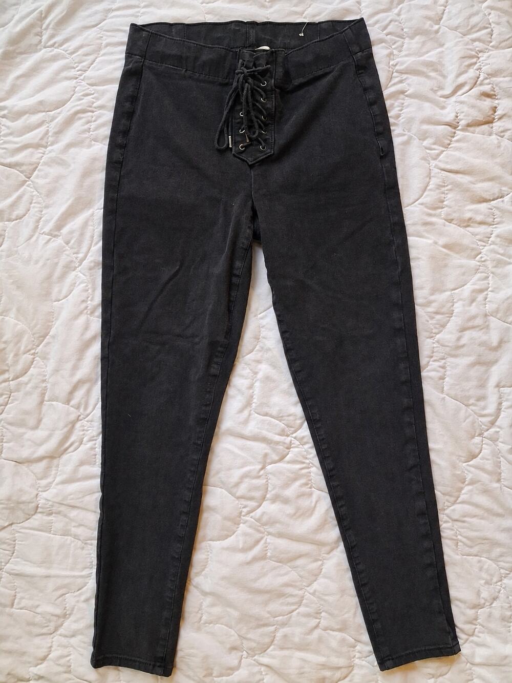 American Eagle Size 2 Black Lace Up Skinny Jeggings 360 Stretch Y2K Jeans